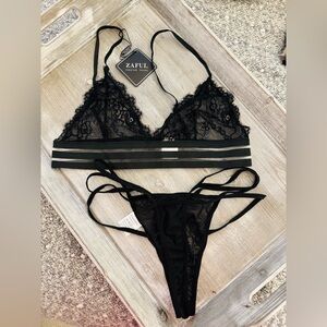 ZAFUL black lace bralette and thong bottom, flower embellishments